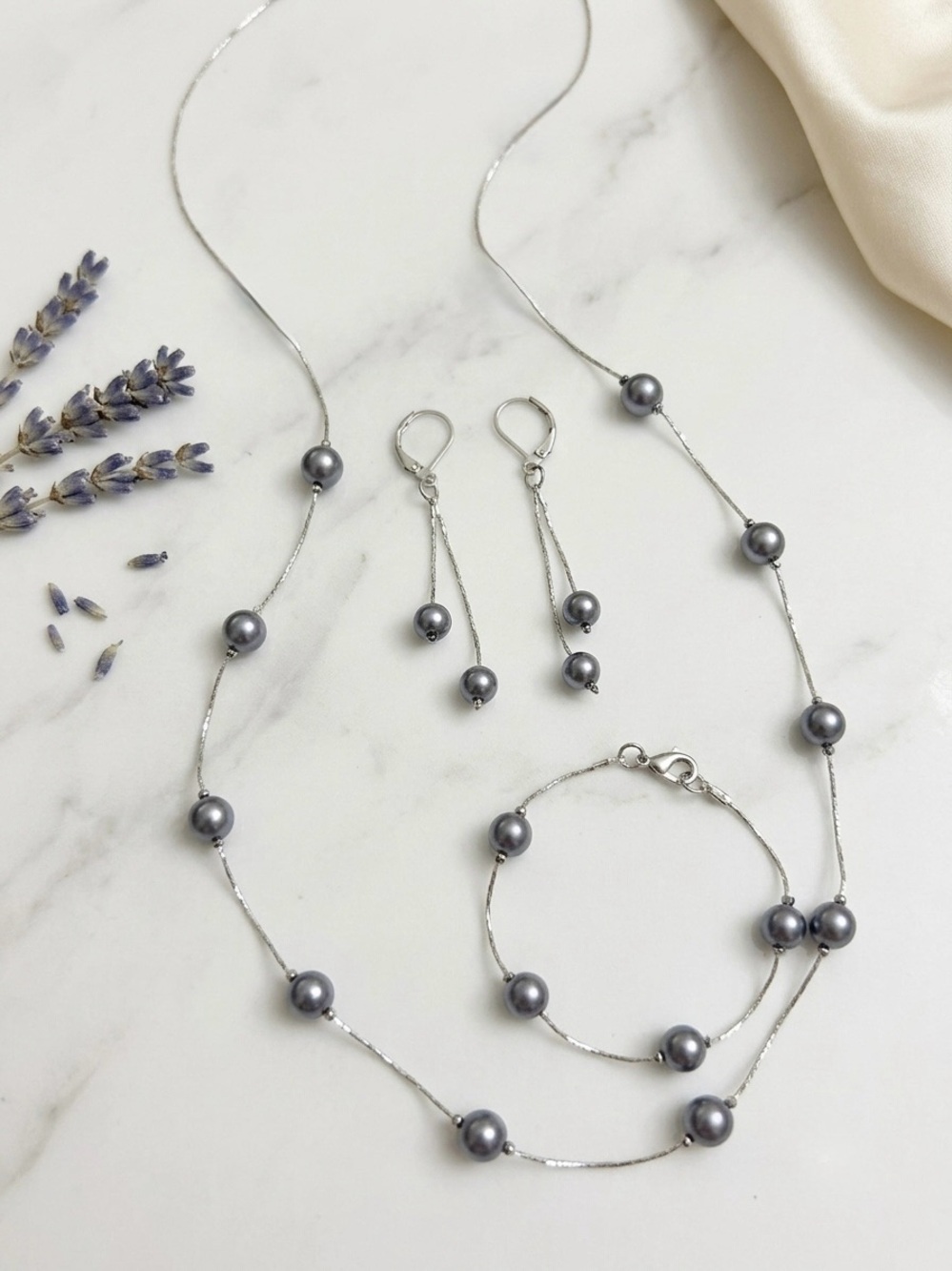 3pc Charcoal Grey Pearl Station Jewelry Set
